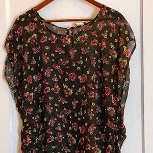 ZENOBIA Shear Sleeveless Blouse Black Bkgrnd With Small Pink & White Roses  2XL